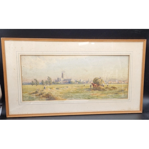 376 - J.KEMP. Harvest-time, Gloucester, signed and dated 1900, watercolour, 9 x 21 in (R4)