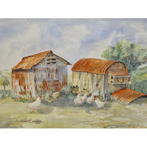378 - SALLY CHAPPELL. Chicken Coops, Lea Farm, signed, watercolour, 15 x 19 in