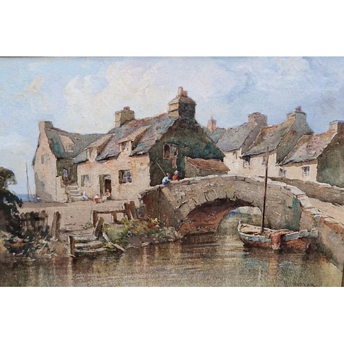 388 - HERBERT PARSONS WEAVER. Figures on a Bridge with houses beyond, possibly France, signed, watercolour... 