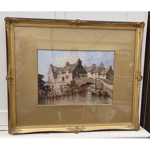 388 - HERBERT PARSONS WEAVER. Figures on a Bridge with houses beyond, possibly France, signed, watercolour... 