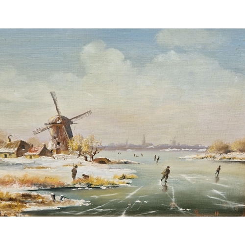 390 - MARY DIPNALL. Dutch frozen river landscapes with skaters, oil on panel, 7 1/2 x 9 1/2 in; a pair (2)... 