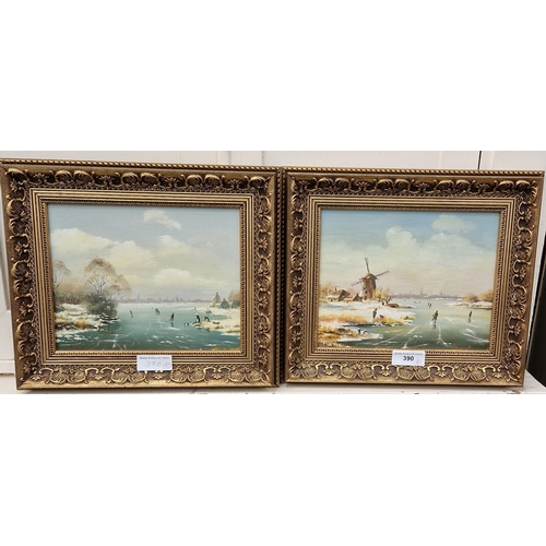 390 - MARY DIPNALL. Dutch frozen river landscapes with skaters, oil on panel, 7 1/2 x 9 1/2 in; a pair (2)... 