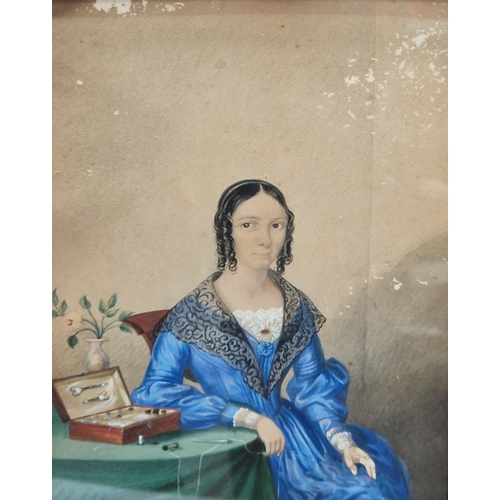 392 - ENGLISH SCHOOL CIRCA 1850. Portrait of a lady, three quarter length, wearing a blue Dress, seated at... 