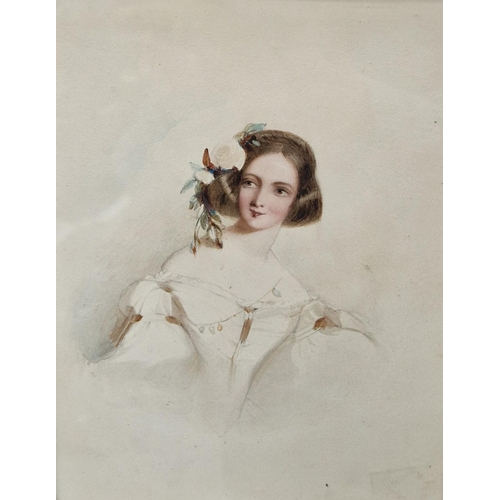 397 - ENGLISH SCHOOL CIRCA 1850. Portrait of a Girl, half-length, watercolour, 10 1/2 x 8 in (R1)