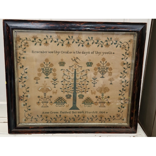400 - An embroidered Sampler by Anne Green, 1864; an oil on canvas by Gomboy depicting Apples on a shelf; ... 