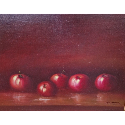 400 - An embroidered Sampler by Anne Green, 1864; an oil on canvas by Gomboy depicting Apples on a shelf; ... 