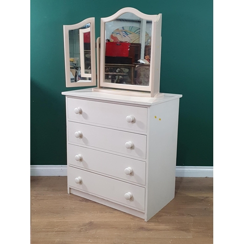 404 - A modern white painted Chest of four long Drawers, a cream dressing Mirror and a tall modern Bookcas... 