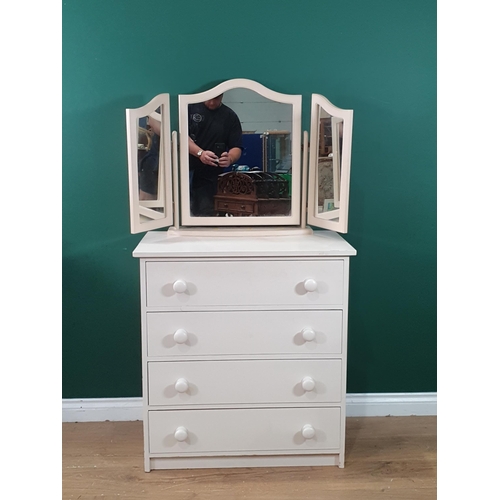 404 - A modern white painted Chest of four long Drawers, a cream dressing Mirror and a tall modern Bookcas... 