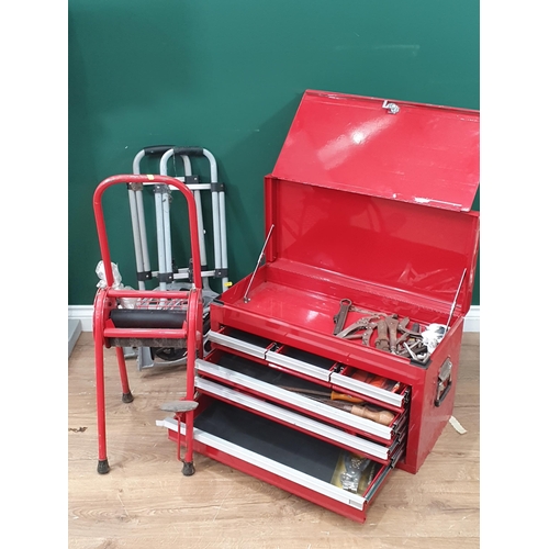 419 - A red tool box, two collapsible sack trucks etc (R3)