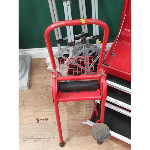419 - A red tool box, two collapsible sack trucks etc (R3)
