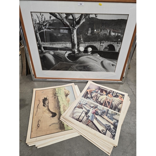 396 - A large framed Photograph, mid 20th Century scene with couple in a classic car, 22 x 32in another Ph... 
