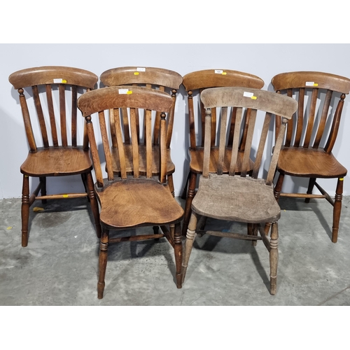 A set of Six elm country slat back Kitchen Chairs raised on ring turned ...