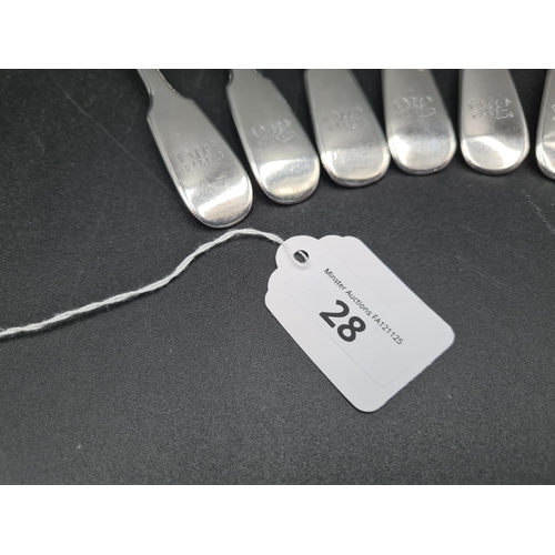 28 - Six Victorian silver Dessert Spoons fiddle pattern, various assay offices and dates including Exeter... 