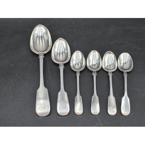 29 - A Victorian silver Table Spoon fiddle pattern engraved initials, Exeter 1845, a Dessert Spoon, Exete... 
