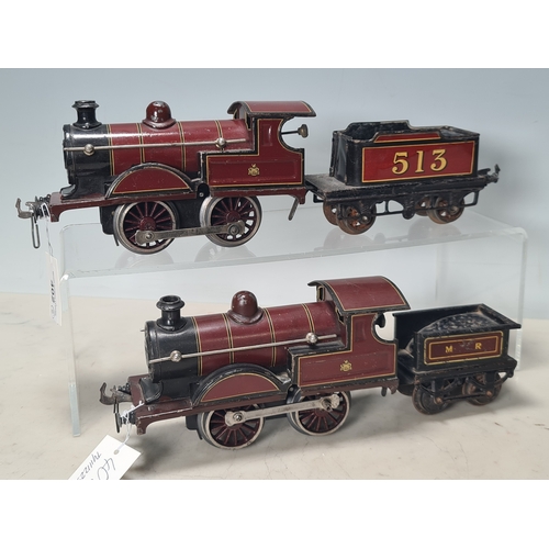 402 - Two Bing 0 gauge clockwork Midland Region maroon livery 0-4-0 Locomotives with associated tenders, o... 