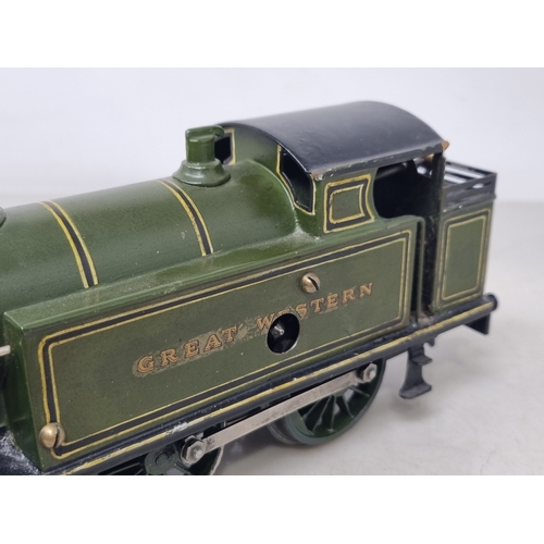 482 - A Bing 0 gauge clockwork Great Western green 4-4-0T Locomotive, generally VG, appears in good workin... 