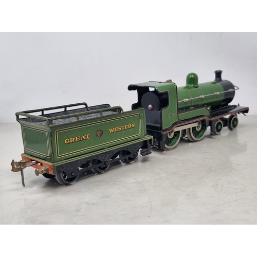 483 - A Bing 0 gauge 3-rail electric Great Western green 4-4-0 Locomotive and tender No.1373, generally VG... 