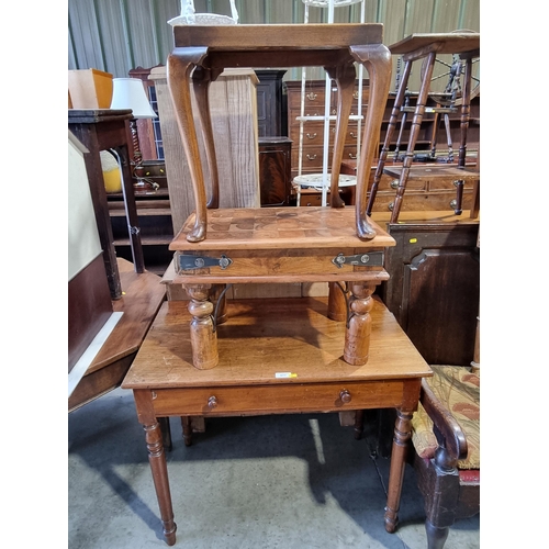 48 - A mahogany Side Table fitted single drawer and raised on turned and tapered supports, A/F, 29