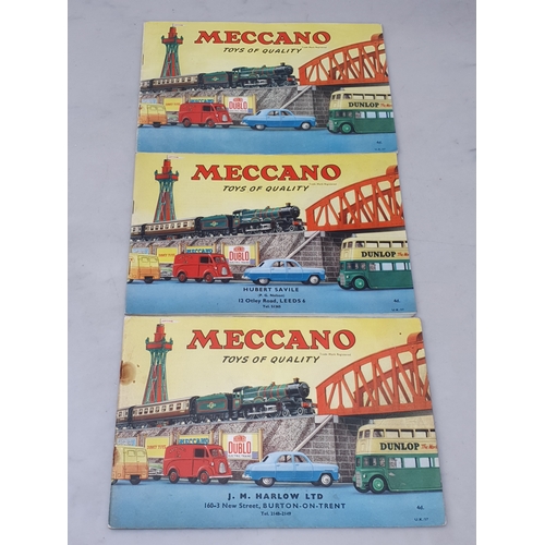 76 - Three 1957 Meccano Shop Booklets, 2x over stamped with shop name, 1x without over stamp, generally E... 