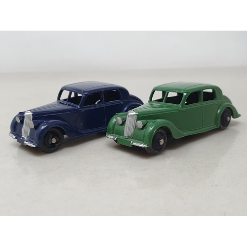 526 - Two unboxed Dinky Toys No.4a Riley Saloons, one green and one dark blue, both M