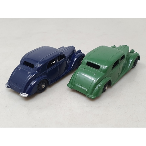526 - Two unboxed Dinky Toys No.4a Riley Saloons, one green and one dark blue, both M