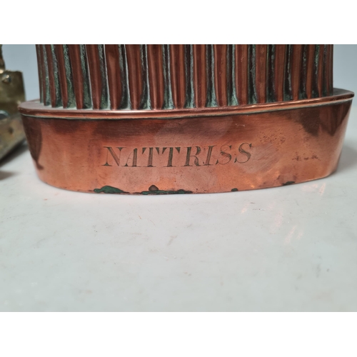 18 - A Benham and Froud copper Jelly Mould with castellated design, 6in H, an oval copper Jelly Mould sta... 