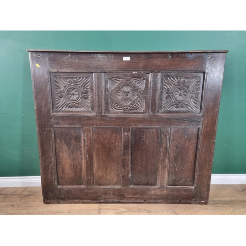 2 - An Oak headboard with three carved panels, (R7).