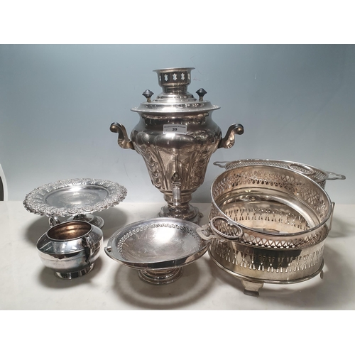 39 - A quantity of plated items including a Tea Urn, four plated Dish Holders, a Basket with swing handle... 