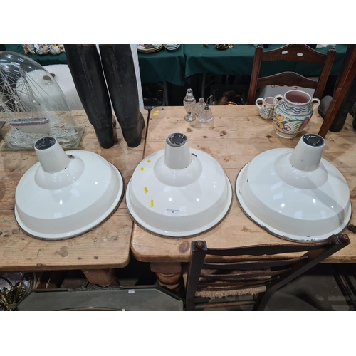 45 - Three white enamel Factory Light Shades, A/F. (R6).