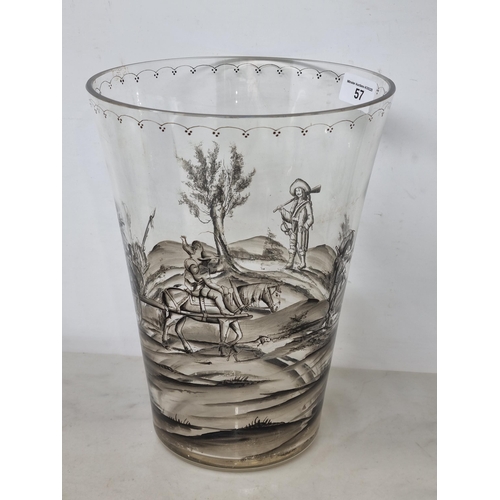 57 - An antique glass Vase of flared form painted horse and cart and figures in monochrome, 9in CAB