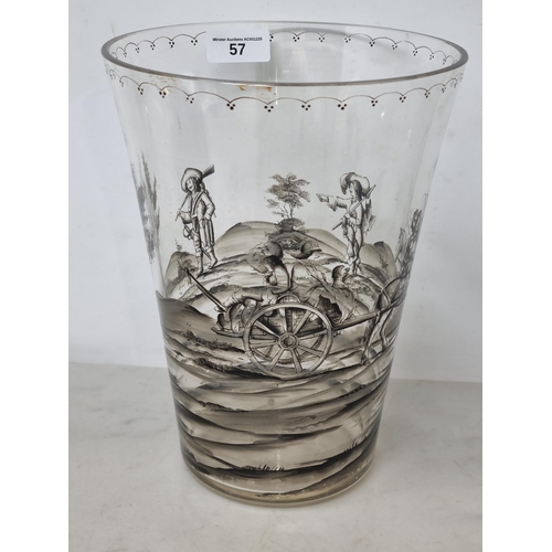 57 - An antique glass Vase of flared form painted horse and cart and figures in monochrome, 9in CAB
