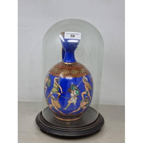 58 - A Facsimile Greek Vase decorated the battle of the Greeks and the Amazons on a blue ground, 8in, und... 