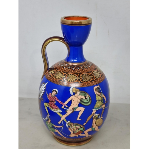 58 - A Facsimile Greek Vase decorated the battle of the Greeks and the Amazons on a blue ground, 8in, und... 