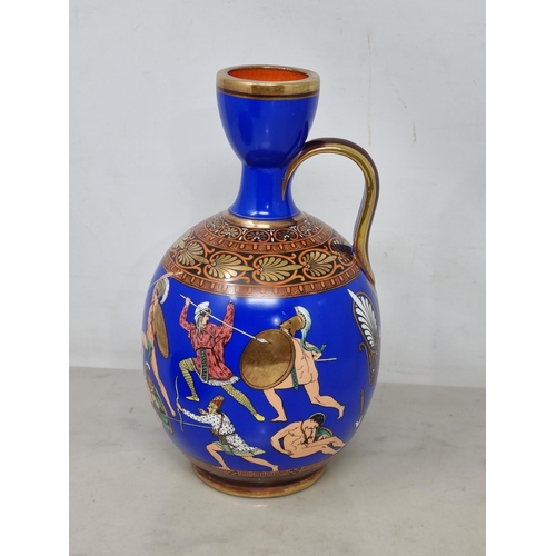 58 - A Facsimile Greek Vase decorated the battle of the Greeks and the Amazons on a blue ground, 8in, und... 