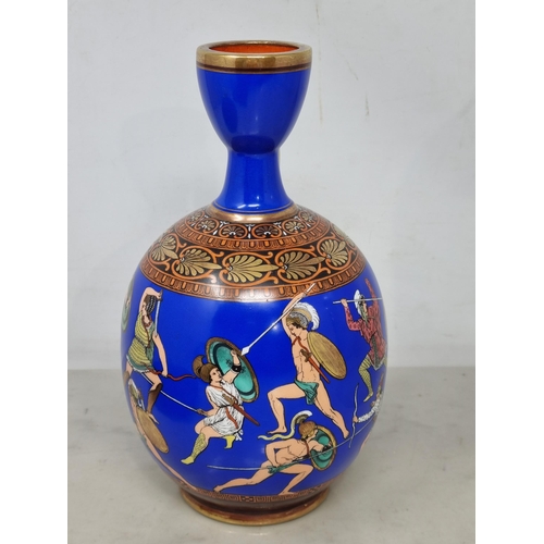 58 - A Facsimile Greek Vase decorated the battle of the Greeks and the Amazons on a blue ground, 8in, und... 