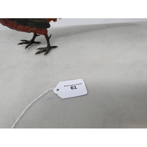 61 - A cold painted bronze type exotic Cock Pheasant, 14 1/2in, one leg A/F