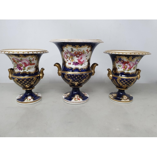 63 - A Garniture of three Coalport two handled Vases painted bouquets of  flowers with blue and gilt surr... 