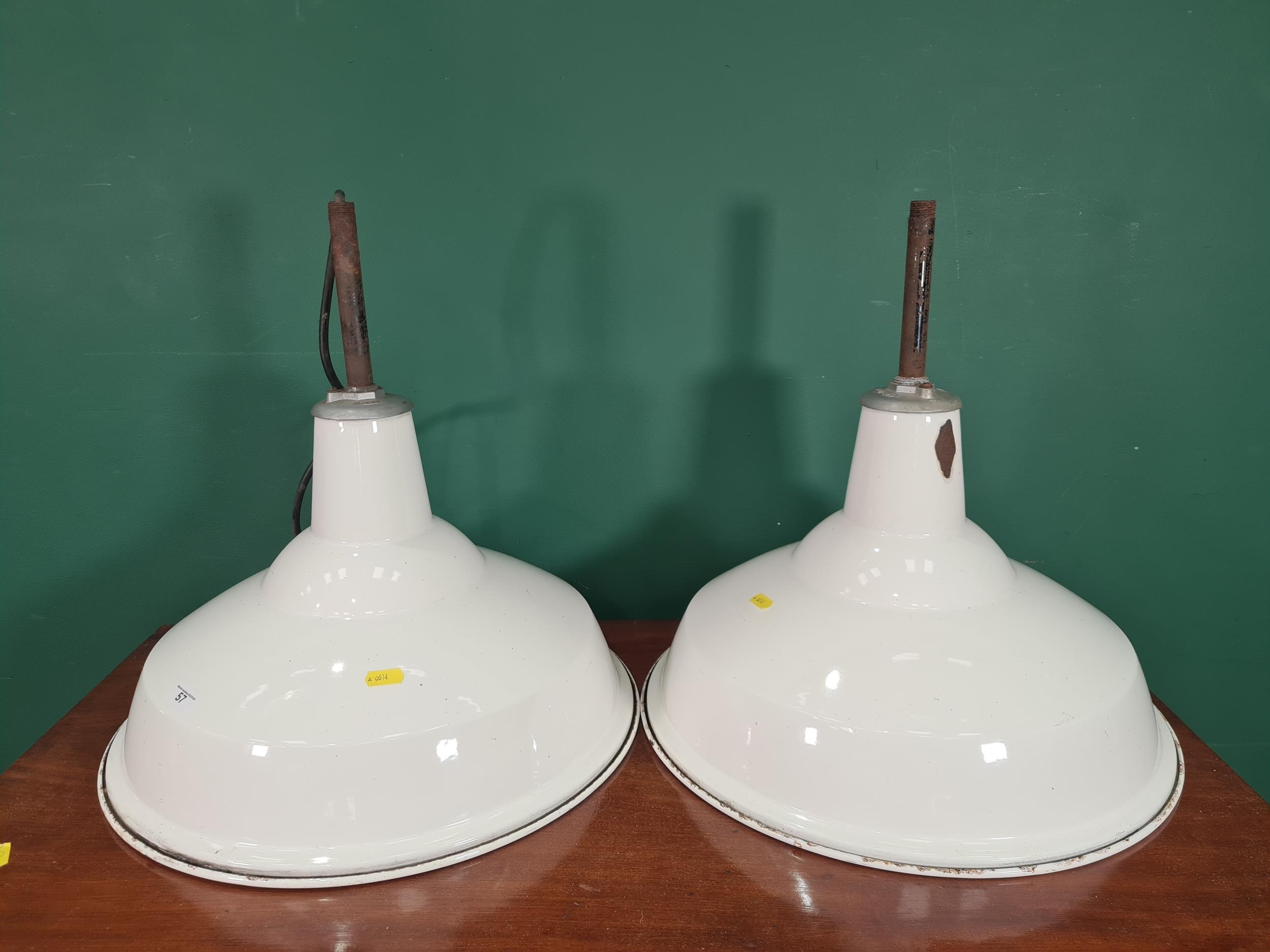Two large white enamel Laboratory Light Shades, 17in diam, marked Benz ...