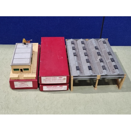 162 - A Hornby Dublo 5005 Engine Shed with 5006 Extension, constructed with boxes (three vents missing), a... 