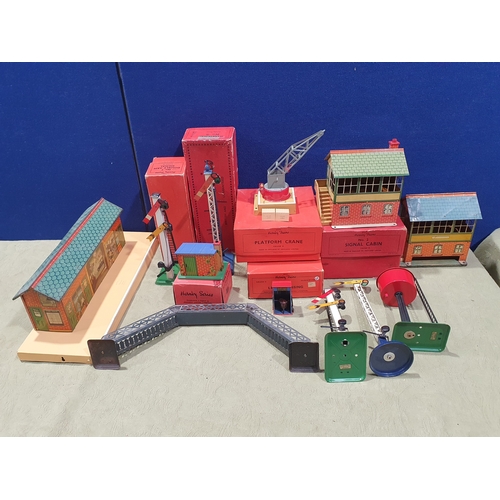 348 - A collection of Hornby 0 gauge Lineside Accessories comprising boxed No.2 Signal Cabin, boxed No.1 L... 