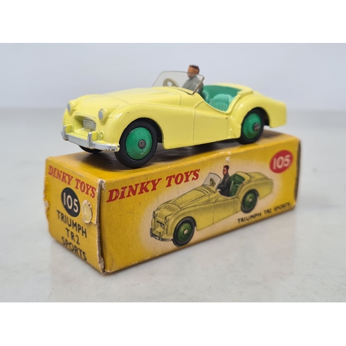420 - A boxed Dinky Toys No.105 lemon yellow Triumph TR2 Sports, M, box Ex plus