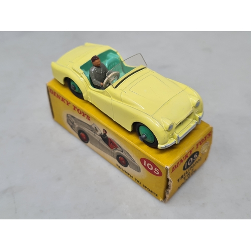 420 - A boxed Dinky Toys No.105 lemon yellow Triumph TR2 Sports, M, box Ex plus