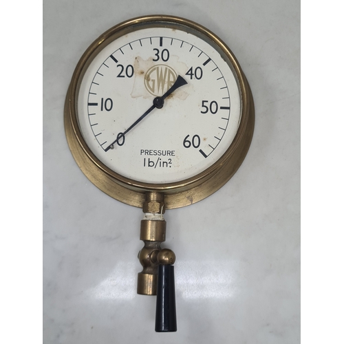 392 - A brass GWR Pressure Gauge with circular monogram to centre of the enamel dial 7in D