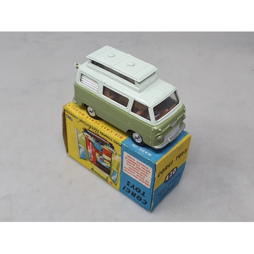 456 - A boxed Corgi Toys No.420 metallic green and white Ford Thames 'Airborne' Caravan, Ex plus, box G