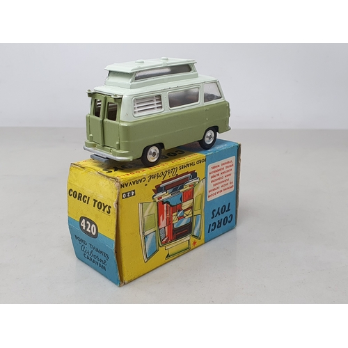 456 - A boxed Corgi Toys No.420 metallic green and white Ford Thames 'Airborne' Caravan, Ex plus, box G