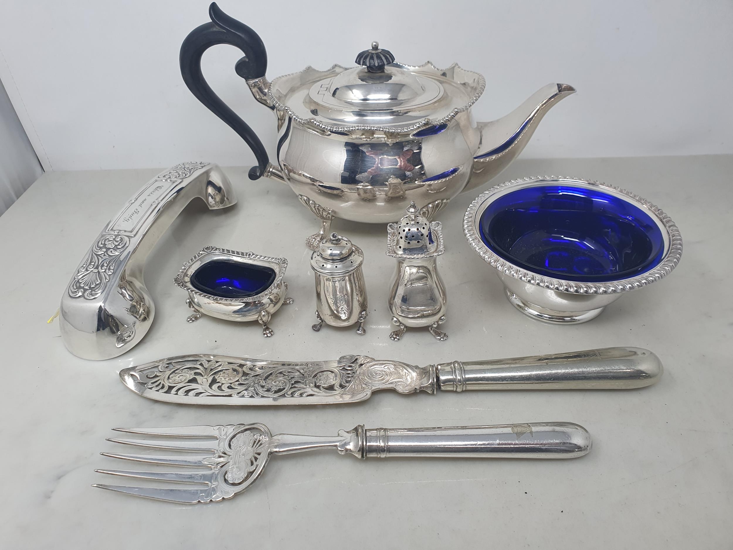 An Edward VII silver Pepperette, Chester 1904, a plated Salt and Pepper ...
