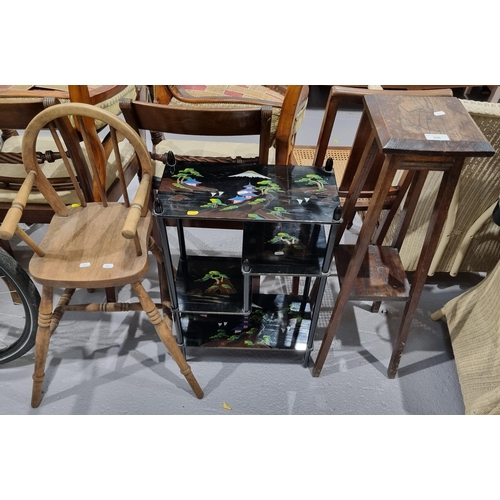 An antique oak Single Chair with bobbin-turned front stretcher, an oak ...