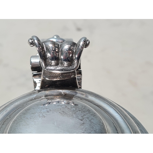 105 - A George II silver lidded Tankard with scroll thumb piece, engraved shield shape coat of arms surmou... 