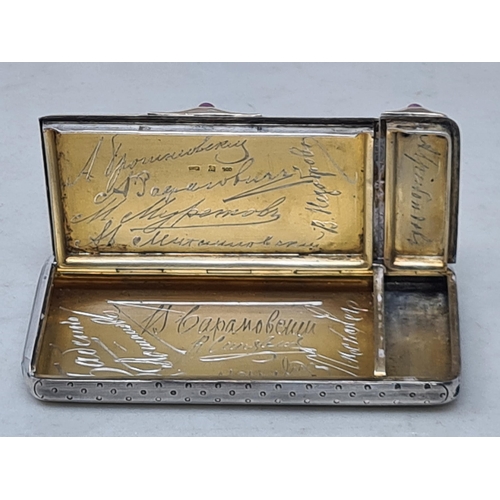 64 - A Russian silver Faberge style combined Cigarette and Vesta Case with engine turned and dot decorati... 