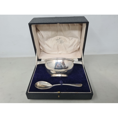 65 - A George V silver two handled Christening Bowl with inscription, Birmingham 1922, and a Spoon, Londo... 